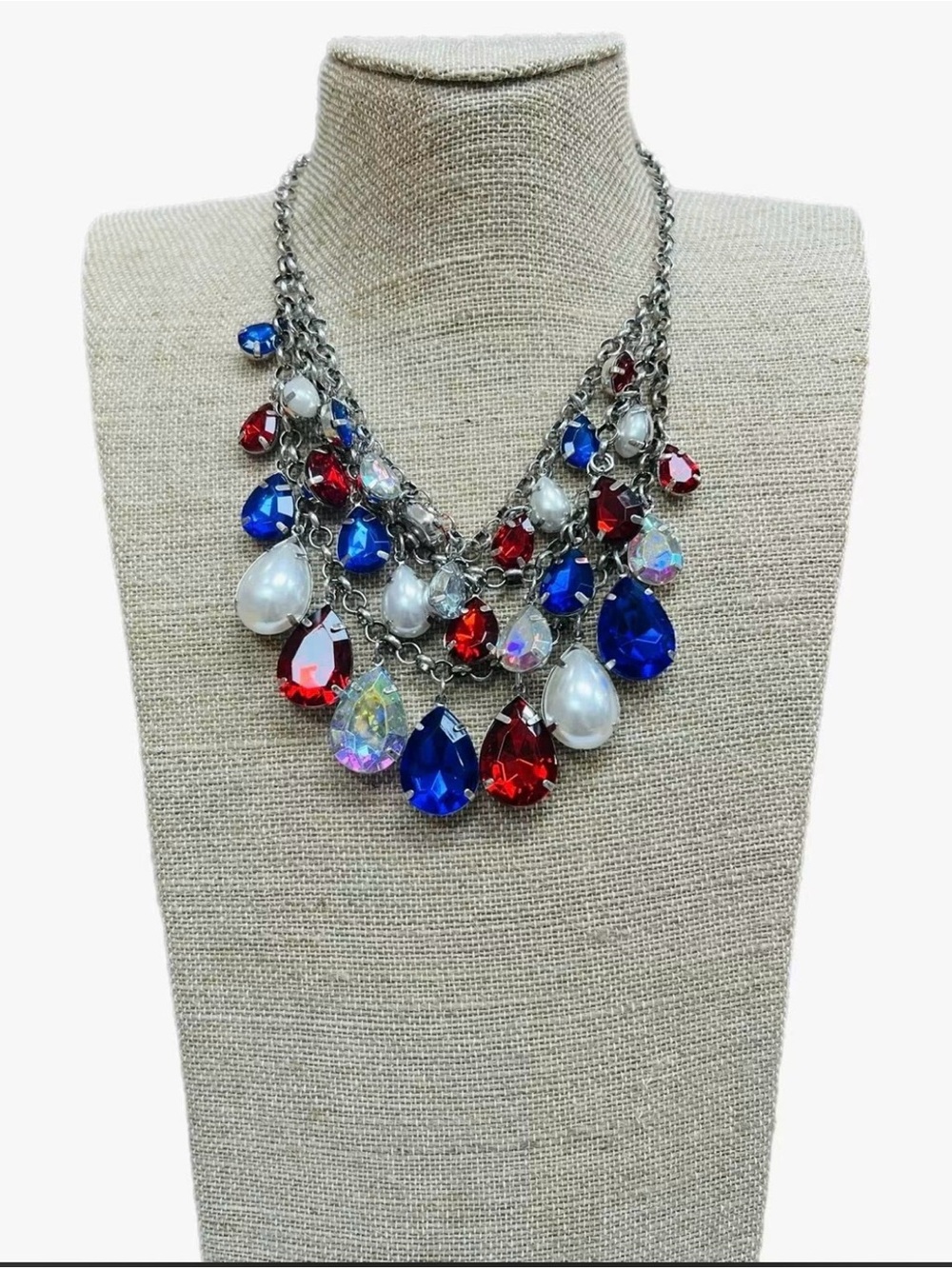 Statement Multi-Gem Teardrop Necklace - Red, Blue & White